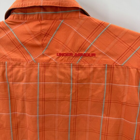 Under Armour Mens 2XL Long Sleeve Orange Plaid HeatGear Loose Fit Shirt - Picture 2 of 8